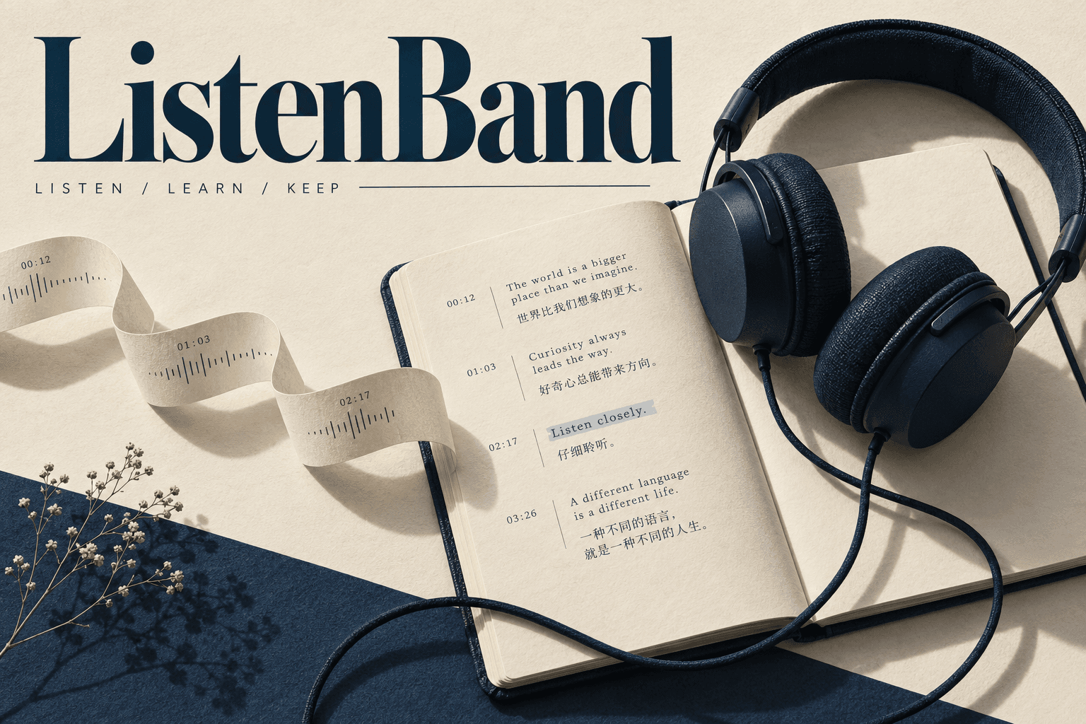 ListenBand 奶油白与深墨蓝杂志封面:耳机、双语听力稿与时间码纸带
